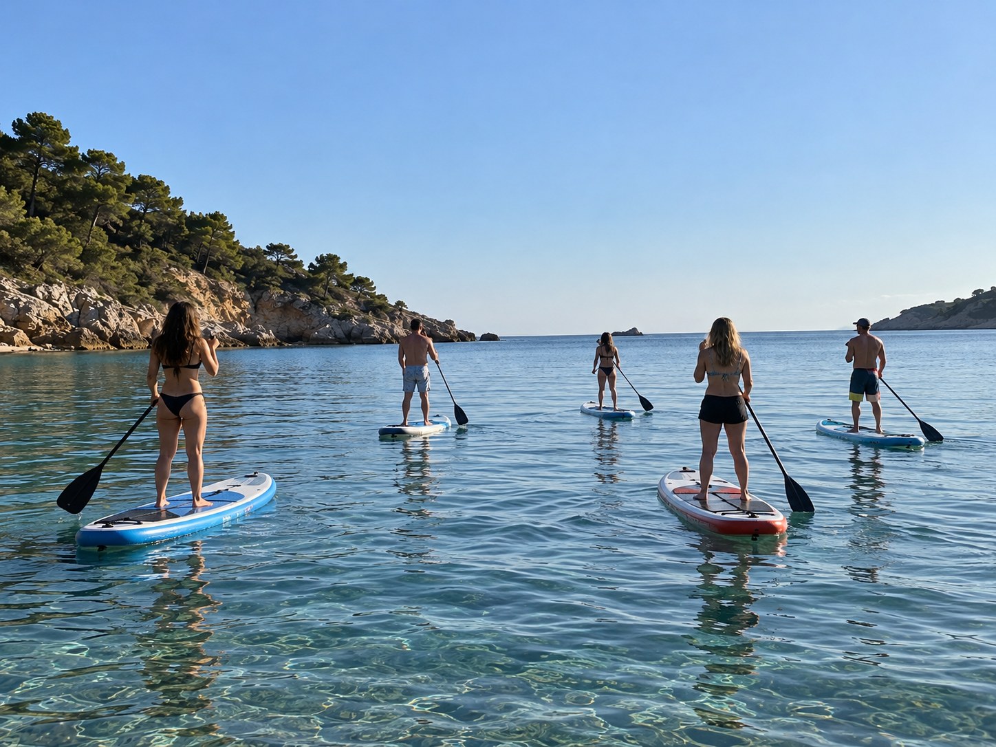 Grupo practicando paddle surf en una cala mediterránea